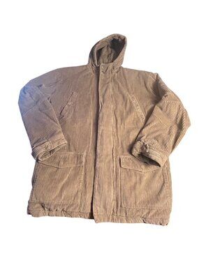 VTG Animal Corduroy Parka Jacket Womens M Tan Hooded thick Zip 90’s Y2K unisex